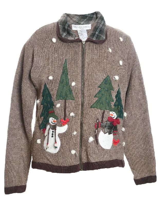 Light Brown Snowman Design Zip-Front Christmas Cardigan - L