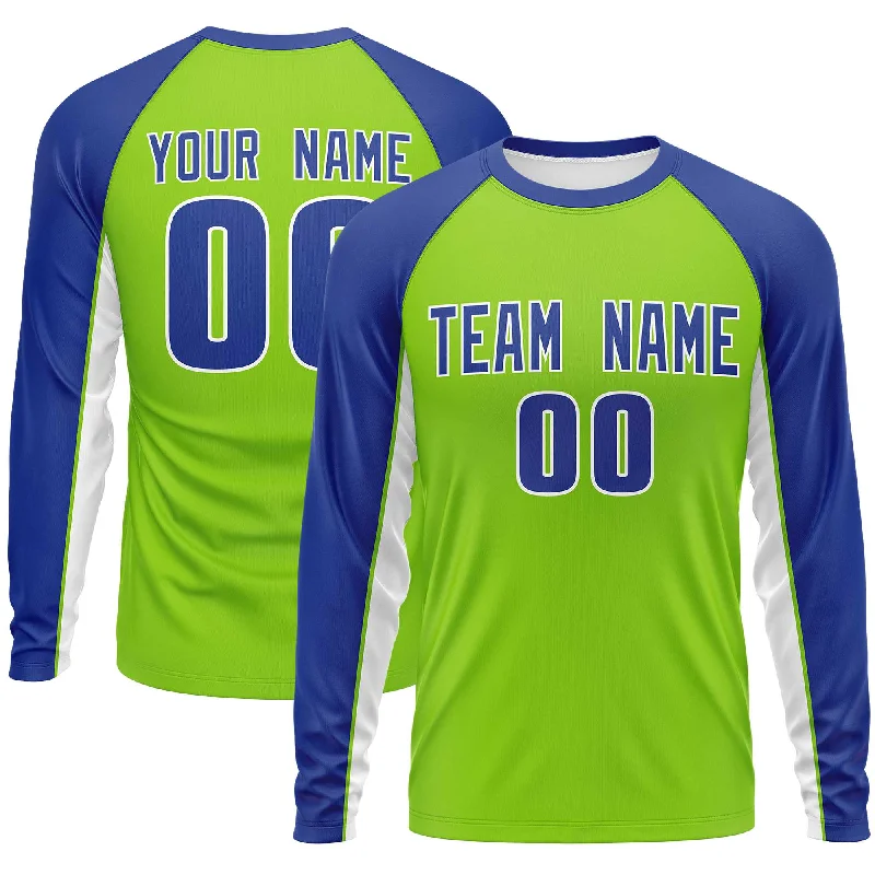 Custom Neon Green Royal Crew Neck Raglan Long Sleeve Performance T-Shirt