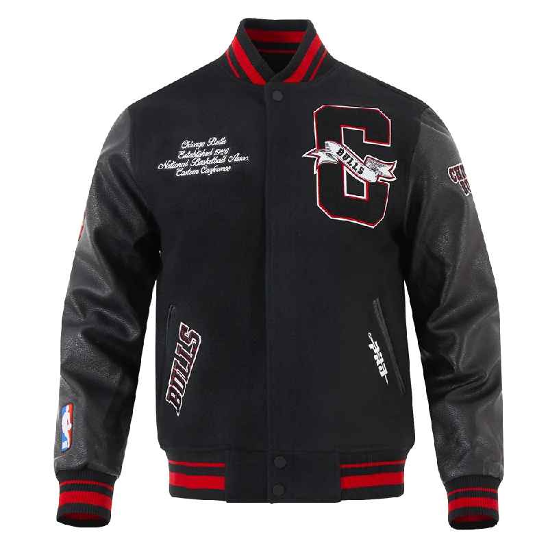 NBA CHICAGO BULLS TEAM PENNANTS MEN'S RIB WOOL VARSITY JACKET (BLACK/RED/BLACK)