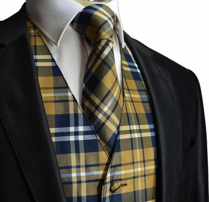 Tan and Navy Plaid Suit Vest Set