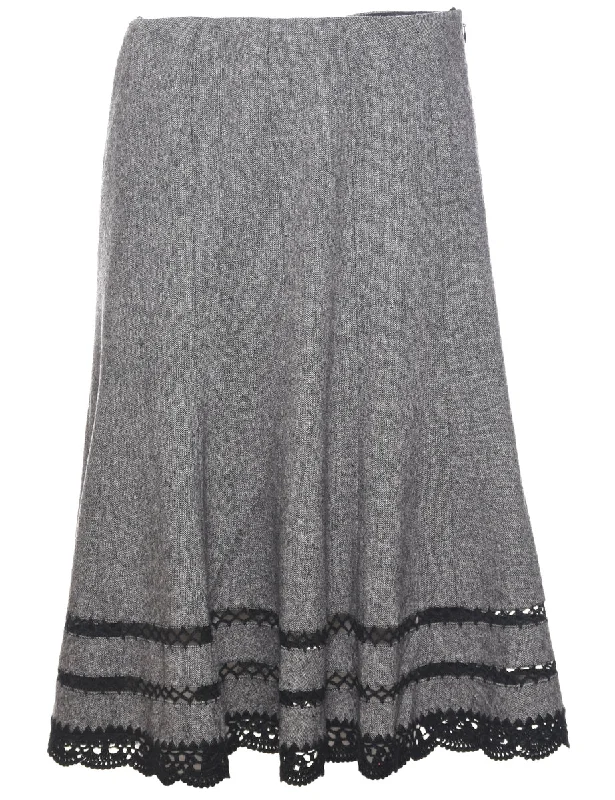 Lace Trim Grey Flared Skirt - M