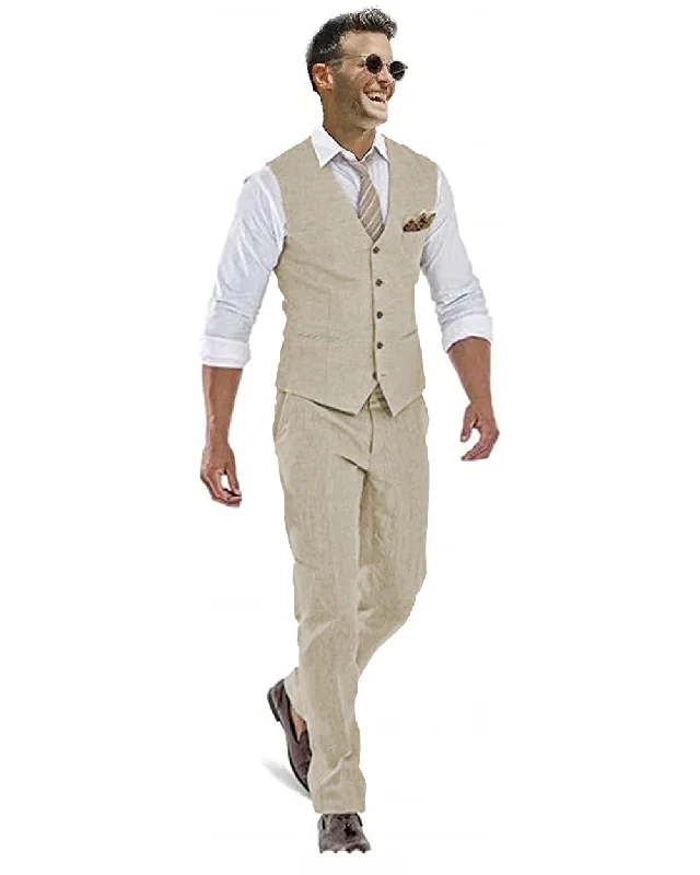 2 Pieces Casual Mens Suit Regular Fit Linen Blazer For Wedding (Vest + Pants)