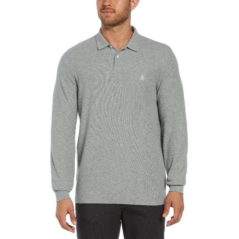 Long Sleeve Pique Polo - Rain Heather Gray