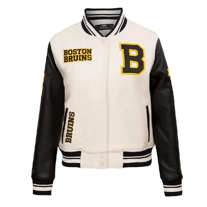 NHL BOSTON BRUINS RETRO CLASSIC WOMEN'S RIB WOOL VARSITY JACKET (EGGSHELL/ BLACK)