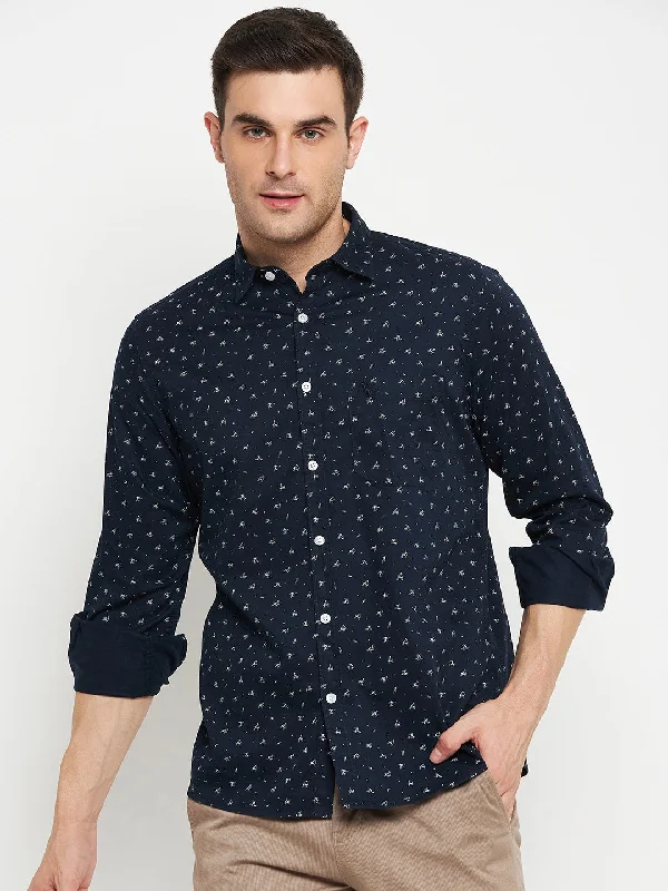 Men's Navy Blue Casual Abstract Ditsy Print Full Sleeve Shirt