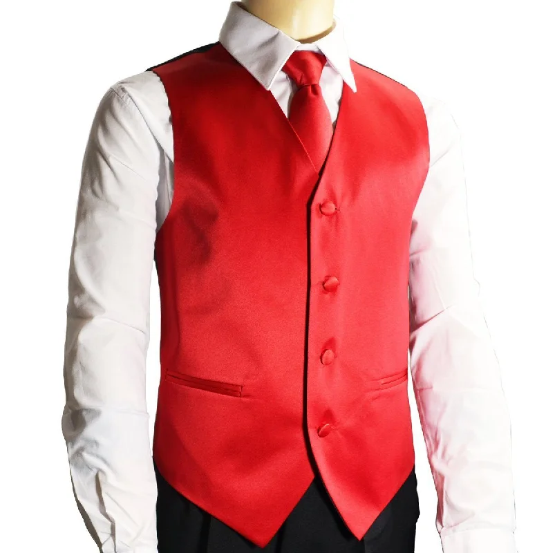 Solid Apple Red Boys Tuxedo Vest and Necktie Set