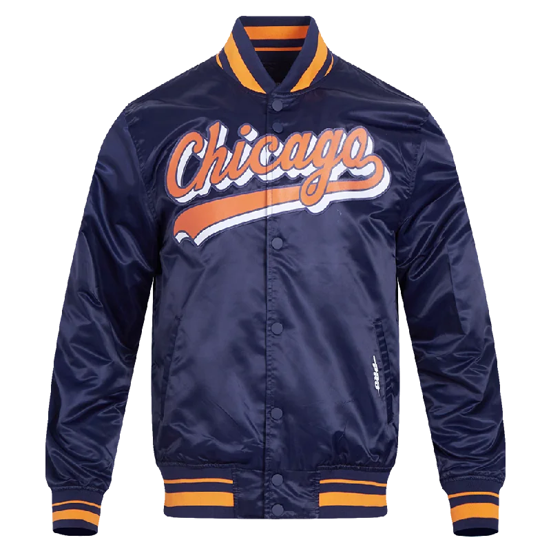 NFL CHICAGO BEARS SCRIPT TAIL MEN'S SATIN JACKET (MIDNIGHT NAVY/ORANGE/MIDNIGHT NAVY)