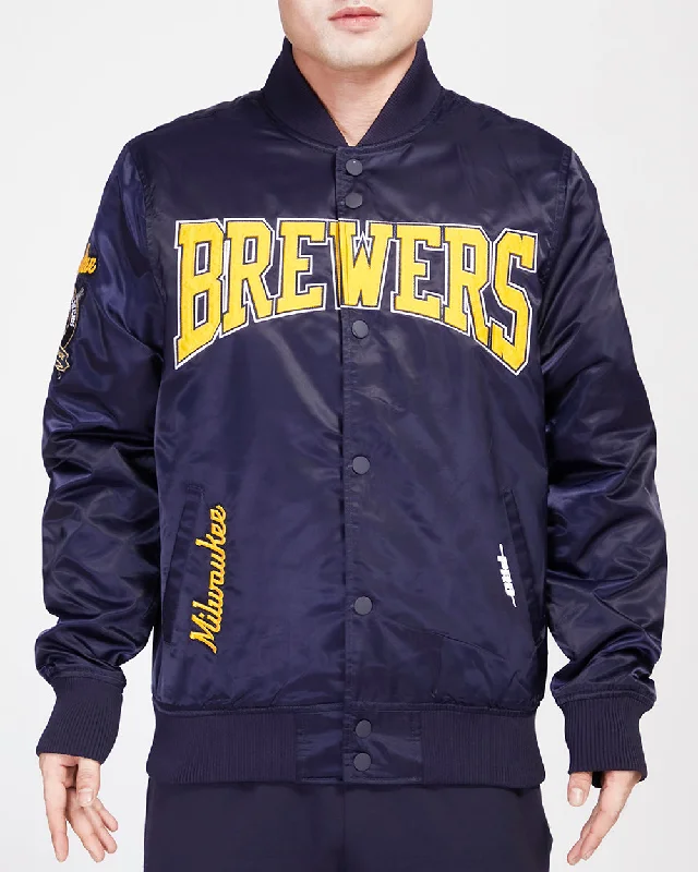 MLB MILWAUKEE BREWERS CREST EMBLEM MEN'S SATIN JACKET (MIDNIGHT NAVY)