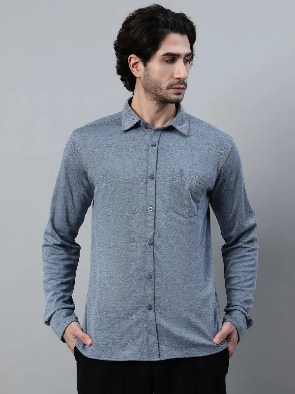 Men's Blue Melange Casual Knit Self Textured Full Sleeve Shirt