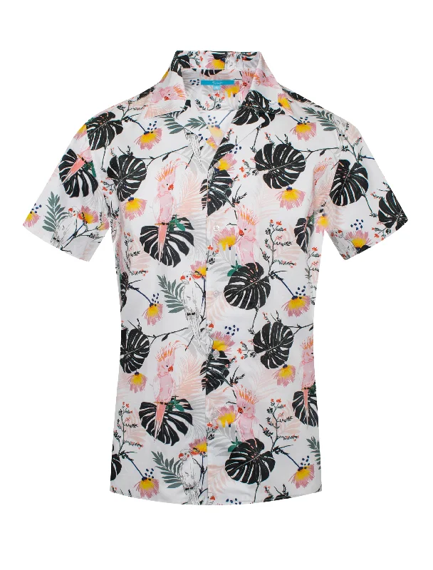 Tropical Print Cotton Stretch Shirt Pink Parrots