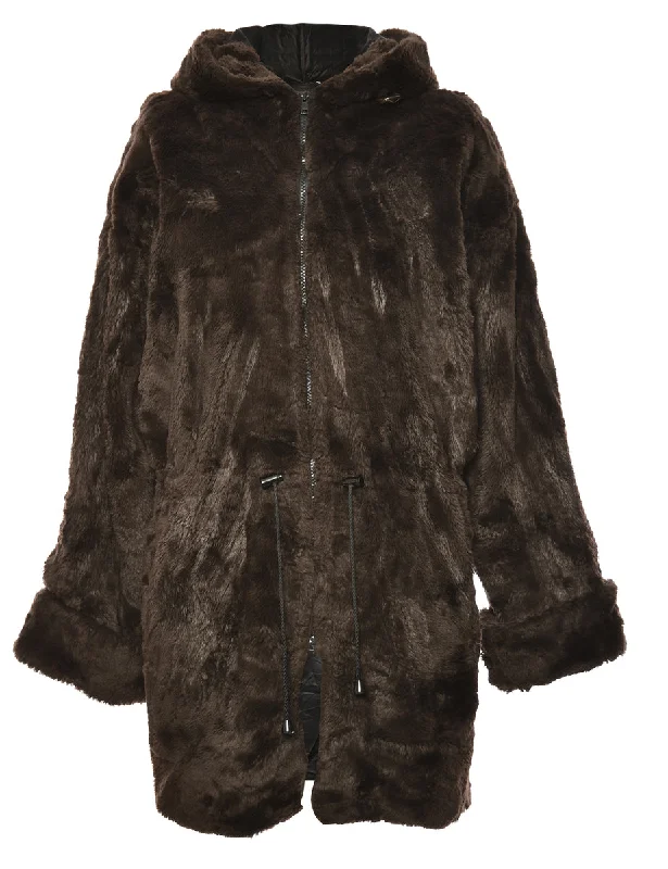 Long Dark Brown Faux Fur Coat - L