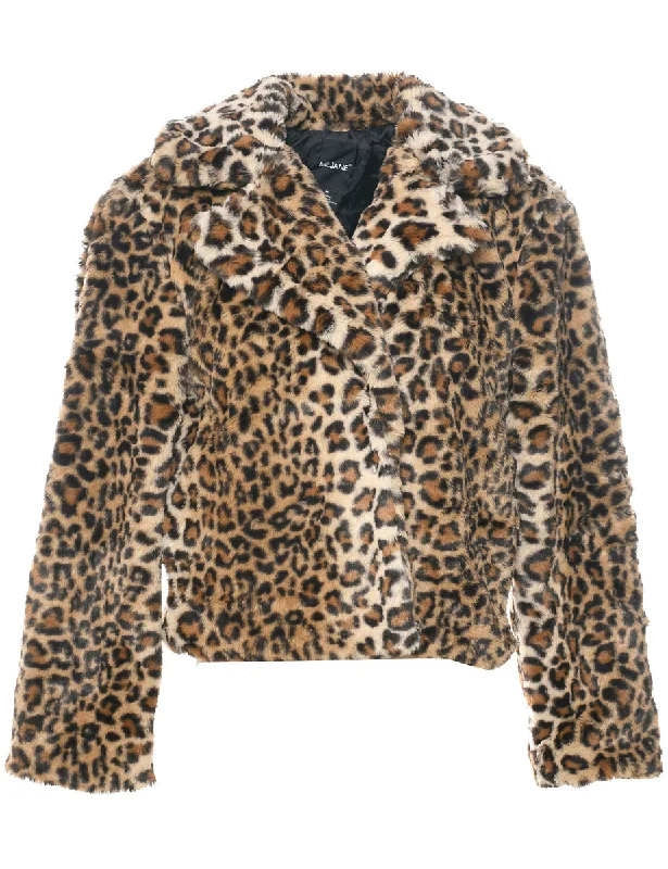 Leopard Print Faux Fur Coat - M