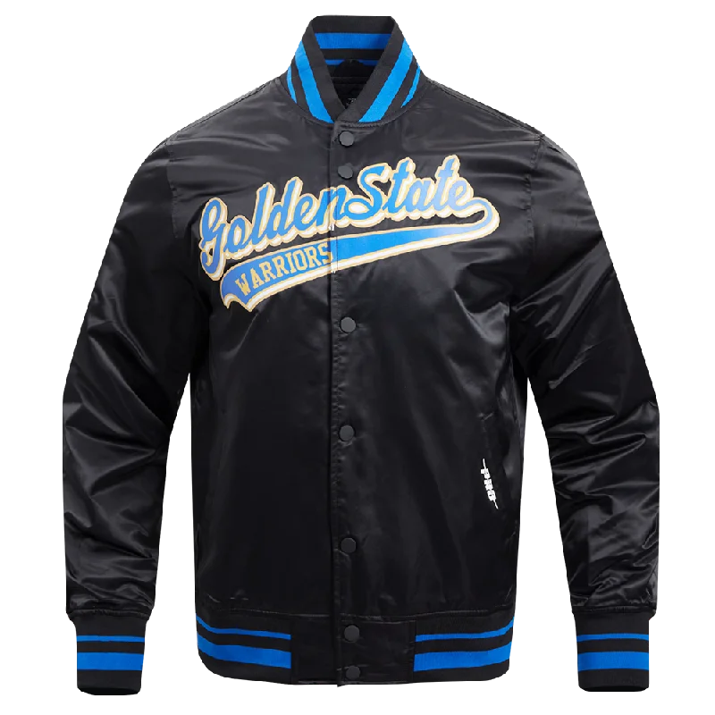 NBA GOLDEN STATE WARRIORS SCRIPT TAIL MEN'S SATIN JACKET (BLACK/ROYAL BLUE/BLACK)