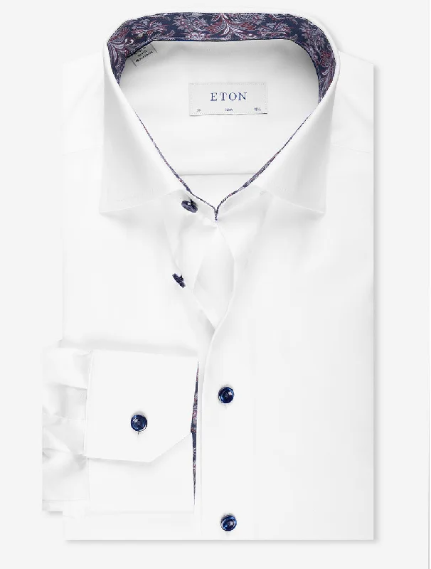 Slim with Inlay and Contrast Button Shirt White