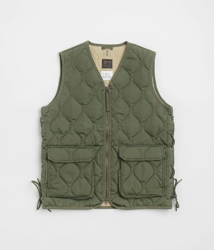 Taion Military W-Zip Lace Up V Neck Down Vest - Olive