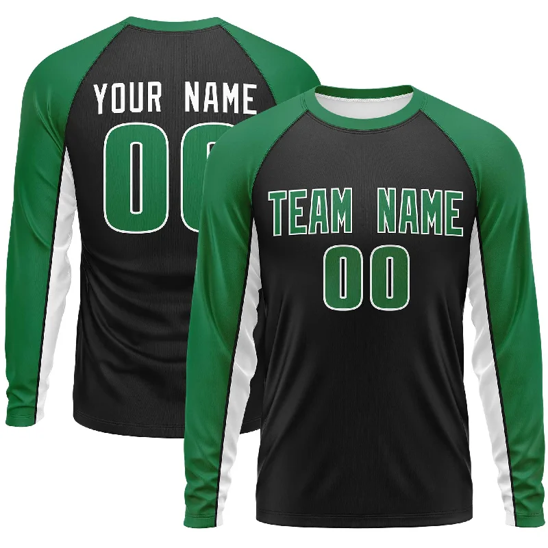 Custom Black Kelly Green Crew Neck Raglan Long Sleeve Performance T-Shirt