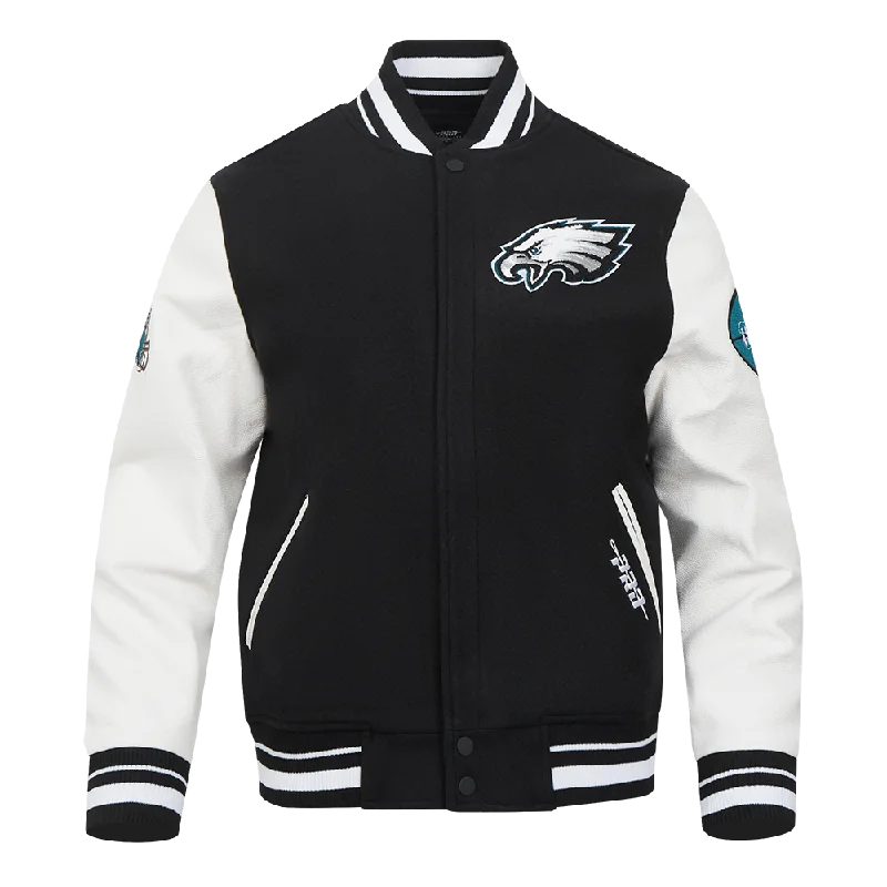 NFL PHILADELPHIA EAGLES OLD ENGLISH MEN'S RIB WOOL VARSITY JACKET (BLACK/WHITE)