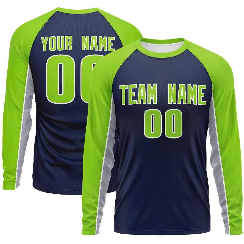 Custom Navy Neon Green Crew Neck Raglan Long Sleeve Performance T-Shirt