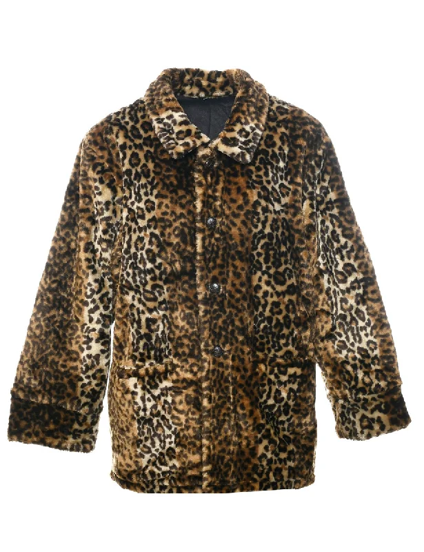 Leopard Pattern Faux Fur Coat - L