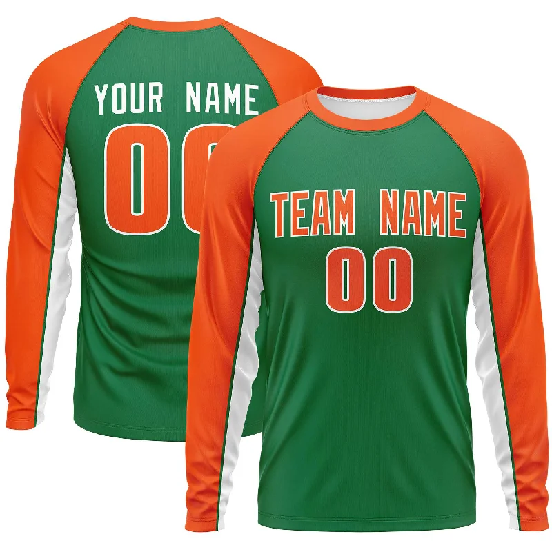 Custom Kelly Green Orange Crew Neck Raglan Long Sleeve Performance T-Shirt