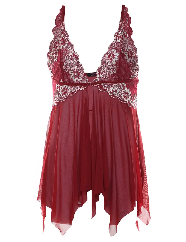 Lace Embroidered Maroon Sheer Babydoll - S