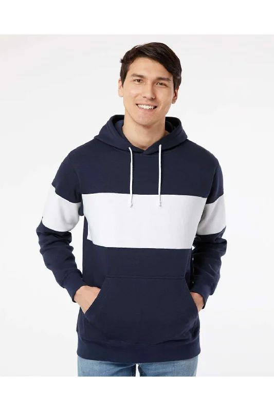 MV Sport Mens Classic Fleece Colorblock Hooded Sweatshirt Hoodie w/ Pouch Pocket - Navy Blue/White - Closeout