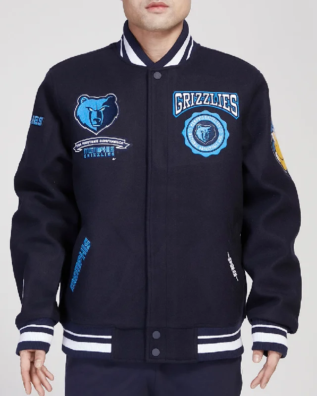 NBA MEMPHIS GRIZZLIES CREST EMBLEM MEN'S RIB WOOL VARSITY JACKET (MIDNIGHT NAVY)