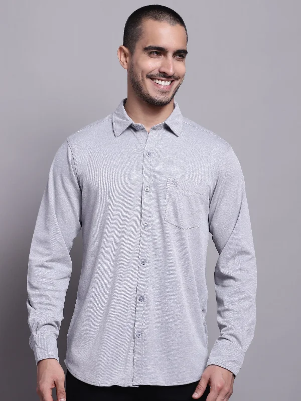 Men's Grey Casual Knit Self Textured Full Sleeve Shirt