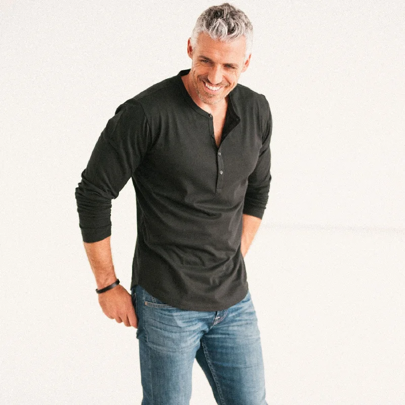 Essential Curved Hem Henley –  Black Cotton Jersey