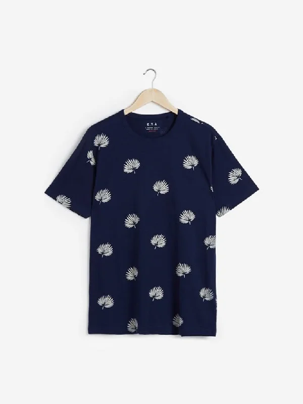 ETA Indigo Leaf Print Slim Fit T-Shirt