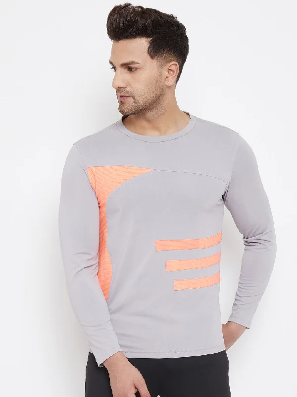 JUMP USA Men Grey & Peach Striped Active Wear T-shirt