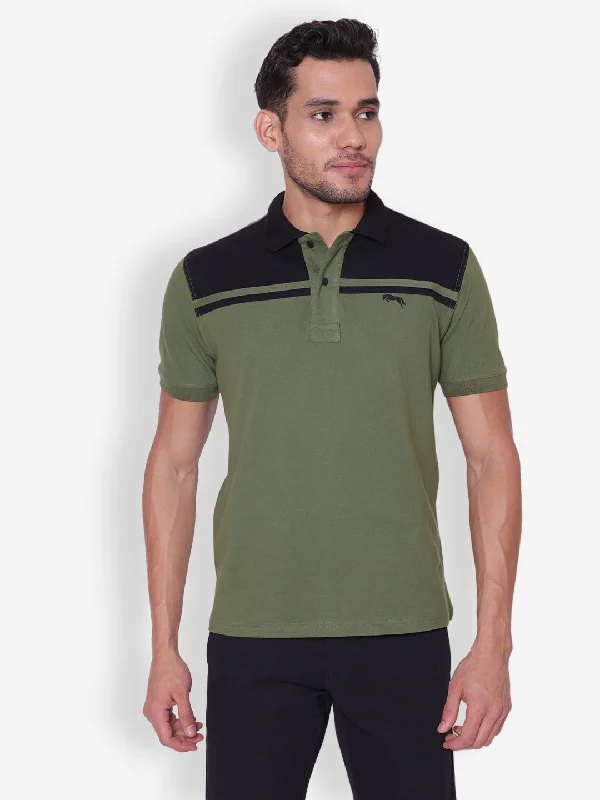 JUMP USA Men Solid Green & Black Polo Collar Cotton T-shirt