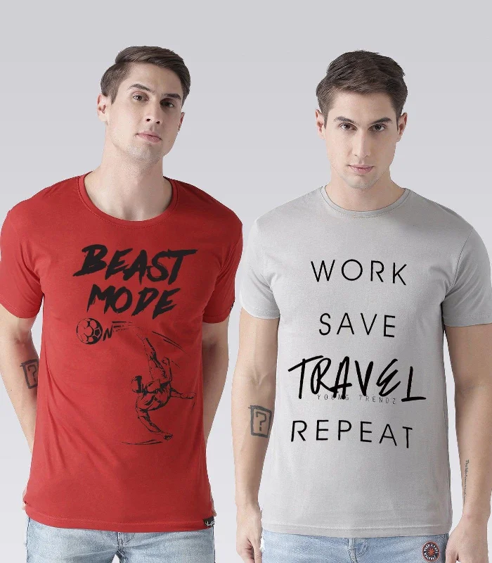 Young Trendz Mens Combo Beast Red Color and Travel Steel Grey Color Half Sleeve Printed T-Shirts