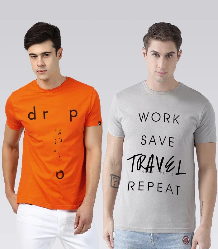 Young Trendz Mens Combo Drop Orange Color and Travel Steel Grey Color Half Sleeve Printed T-Shirts