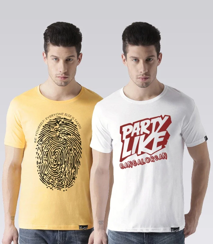 Young Trendz Mens Combo Fingerprint Yellow Color and Partyb White Color Half Sleeve Printed T-Shirts