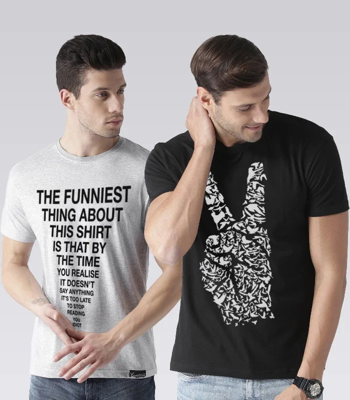 Young Trendz Mens Combo Funnytext Grey Color and Peace Black Color Half Sleeve Printed T-Shirts