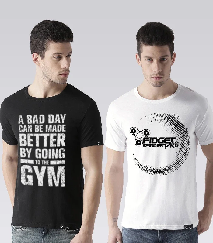 Young Trendz Mens Combo Gym Black Color and Prospin White Color Half Sleeve Printed T-Shirts