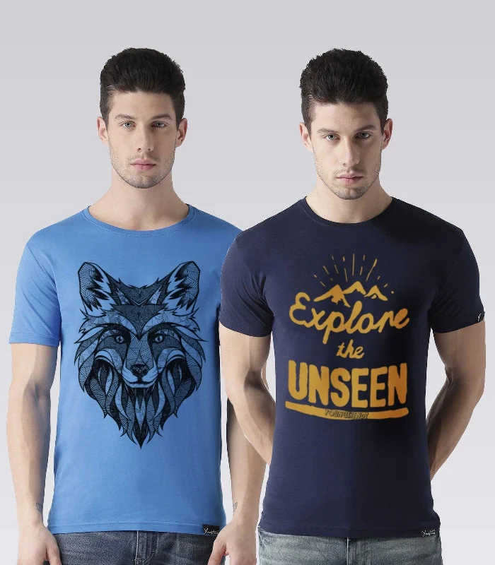 Young Trendz Mens Combo Linewolf Skyblue Color and Explore Navy Color Half Sleeve Printed T-Shirts