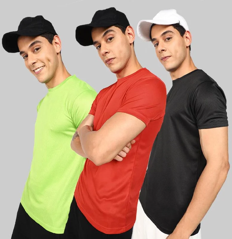 Mens Round Neck Half Sleeve Polyster Dry-Fit Sports Combo Solid T.shirts (Pack Of 3)