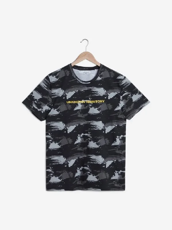 Studiofit Black Abstract Printed T-Shirt