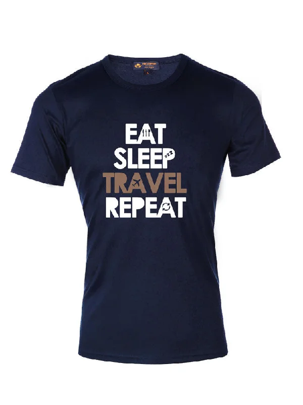 TCL Eat Sleep Travel Repeat Slogan Navy & Taupe T-shirt