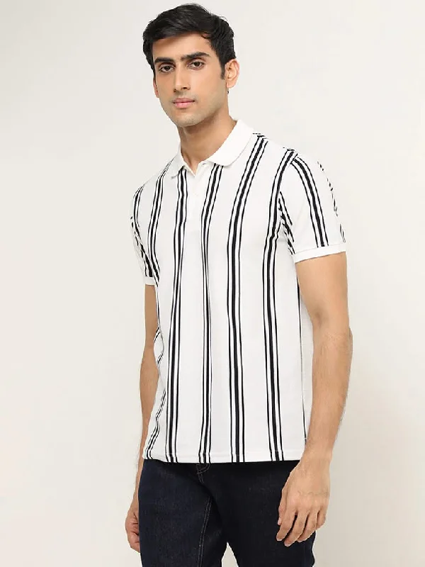 WES Casuals White Stripe Print Slim-Fit Polo T-Shirt