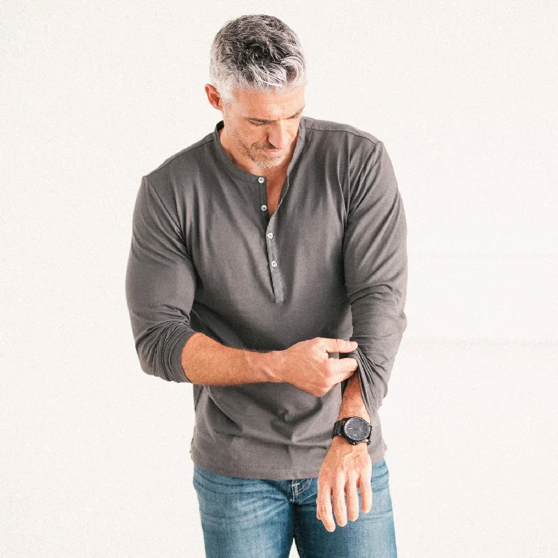 Woven Placket Henley Shirt –  Slate Gray Cotton Jersey